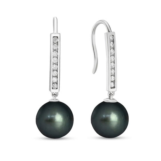 9.0mm Black Tahitian Cultured Pearl and 1/8 CT. T.w. Diamond Bar Drop Earrings in 10K White Gold