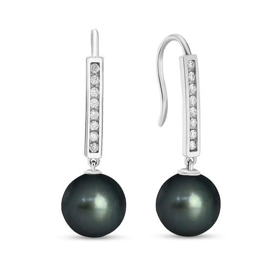 9.0mm Black Cultured Tahitian Pearl And 1/8 CT. T.w. Diamond Bar Drop Earrings In 10K White Gold