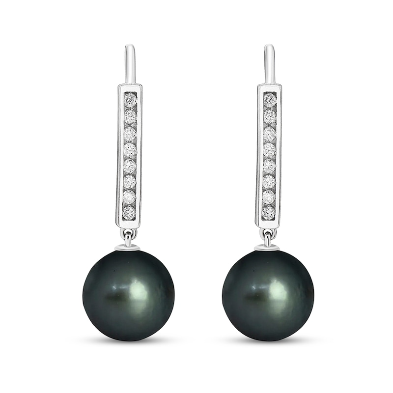 9.0mm Black Cultured Tahitian Pearl and 1/8 CT. T.W. Diamond Bar Drop Earrings in 10K White Gold