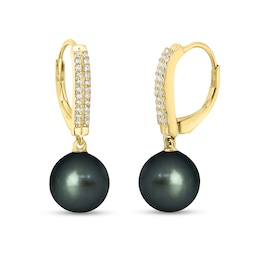 9.0mm Black Cultured Tahitian Pearl and 1/5 CT. T.W. Diamond Double Row Curved Stick Drop Earrings in 10K Gold