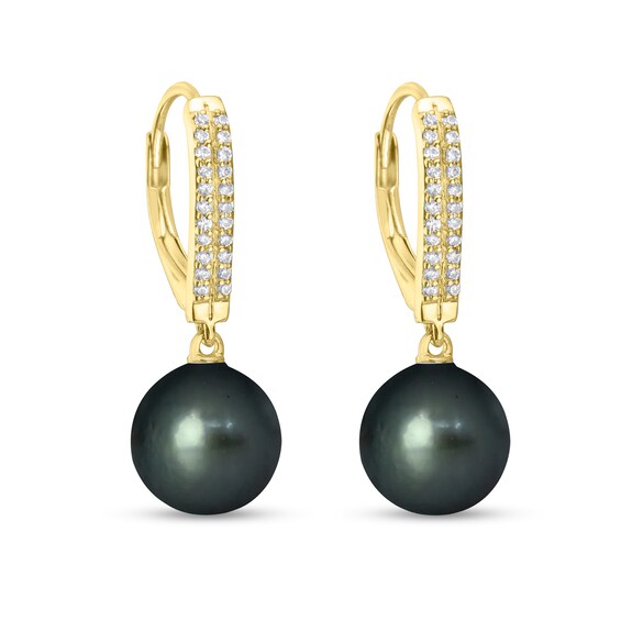 9.0mm Black Tahitian Cultured Pearl and 1/5 CT. T.w. Diamond Double Row Curved Stick Drop Earrings in 10K Gold