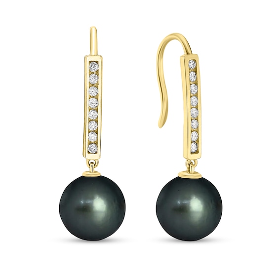 9.0mm Black Tahitian Cultured Pearl and 1/8 CT. T.w. Diamond Bar Drop Earrings in 10K Gold
