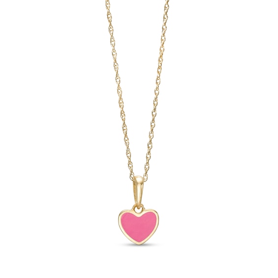Child's Pink Enamel Heart Pendant in 14K Gold – 15"