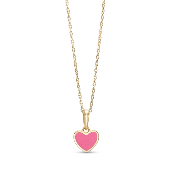 Child's Pink Enamel Heart Pendant in 14K Gold â 15"