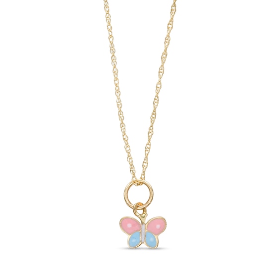Child's Pink, Blue and White Enamel Butterfly Pendant in 14K Gold â 15"