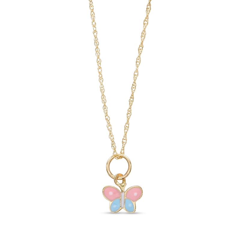 Main Image 1 of Child's Pink, Blue and White Enamel Butterfly Pendant in 14K Gold – 15"