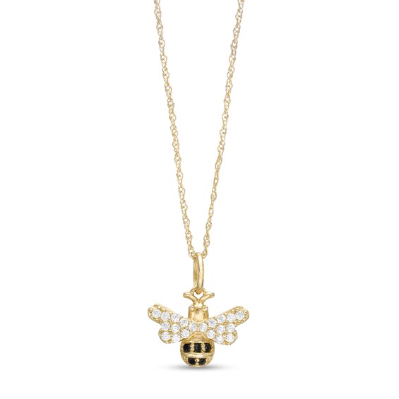 Child's Black and White Cubic Zirconia Bee Pendant in 14K Gold â 15"