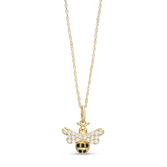 Child's Black and White Cubic Zirconia Bee Pendant in 14K Gold â 15"