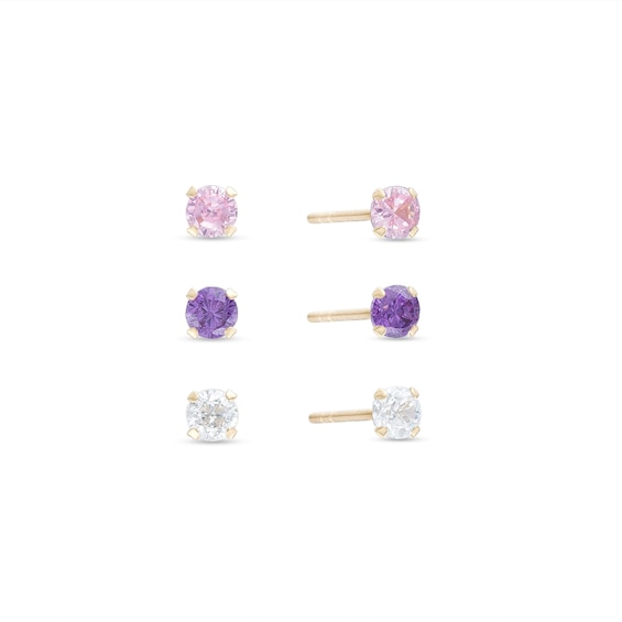 Child's 4.0mm Pink, White And Purple Cubic Zirconia Three Piece Stud Earrings Set In 14K Gold