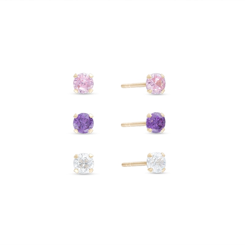Child's 4.0mm Pink, White and Purple Cubic Zirconia Three Piece Stud Earrings Set in 14K Gold