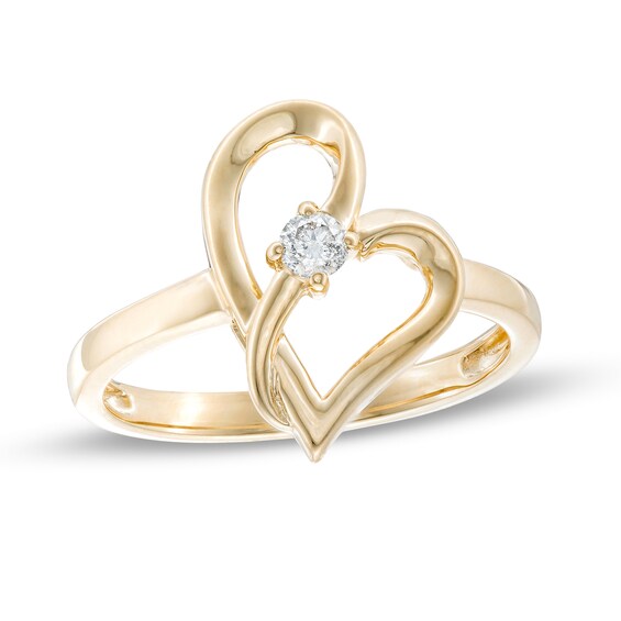 Two in Love 1/10 CT. Diamond Solitaire Crossover Ribbon Loop Heart Ring in 10K Gold