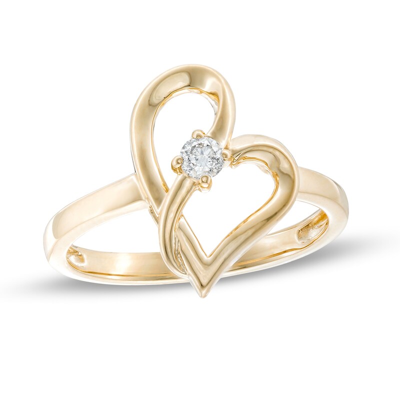 Main Image 1 of Two in Love 1/10 CT. Diamond Solitaire Crossover Ribbon Loop Heart Ring in 10K Gold