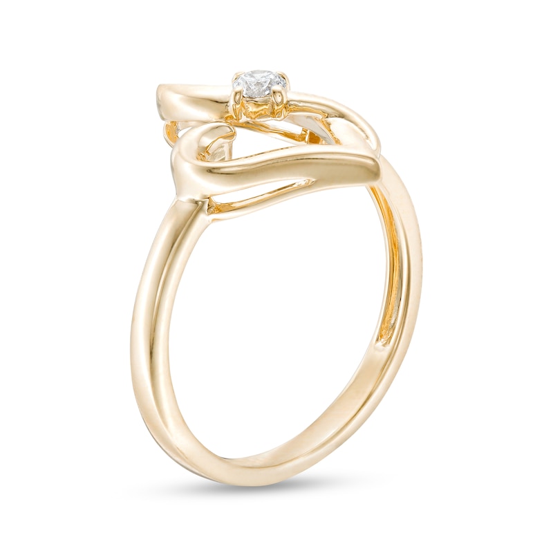 Main Image 3 of Two in Love 1/10 CT. Diamond Solitaire Crossover Ribbon Loop Heart Ring in 10K Gold