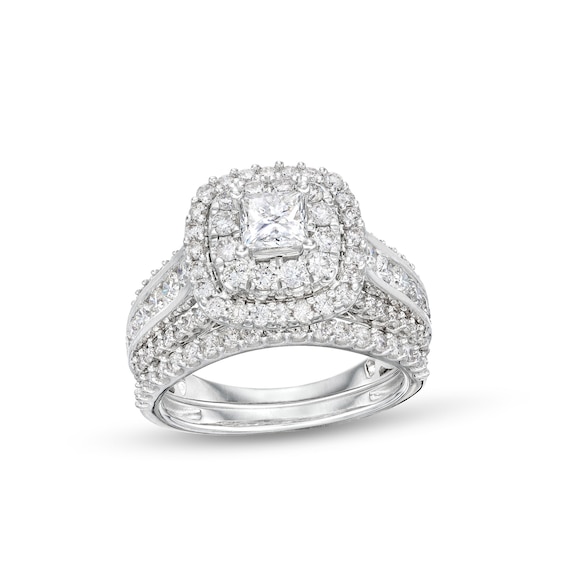 2 CT. T.w. Princess-Cut Diamond Cushion Frame Triple Row Bridal Set in 14K White Gold (I/I2)