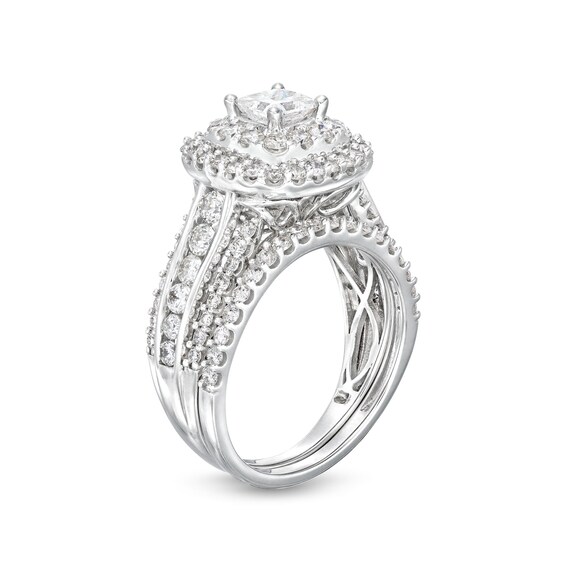 2 CT. T.w. Princess-Cut Diamond Cushion Frame Triple Row Bridal Set in 14K White Gold (I/I2)