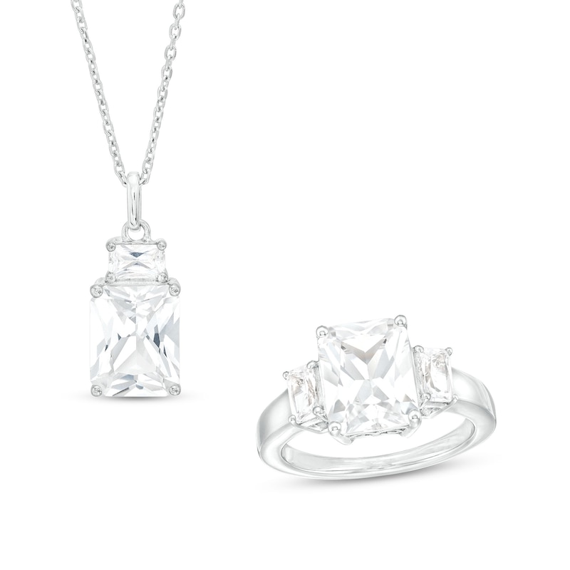 Main Image 1 of Emerald-Cut White Lab-Created Sapphire Pendant and Ring Set in Sterling Silver – Size 7
