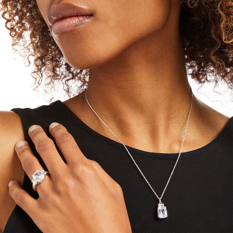 Main Image 2 of Emerald-Cut White Lab-Created Sapphire Pendant and Ring Set in Sterling Silver – Size 7
