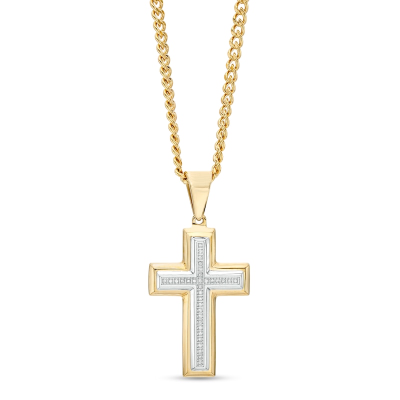 Main Image 1 of Men's 1/10 CT. T.W. Diamond Cross Pendant in Stainless Steel with Yellow Ion Plate – 24"