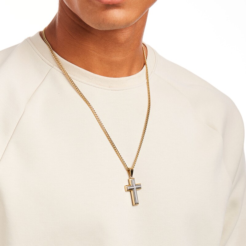 Main Image 2 of Men's 1/10 CT. T.W. Diamond Cross Pendant in Stainless Steel with Yellow Ion Plate – 24"