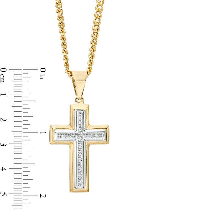 Main Image 3 of Men's 1/10 CT. T.W. Diamond Cross Pendant in Stainless Steel with Yellow Ion Plate – 24"