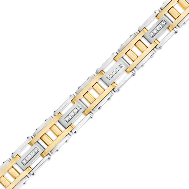 Main Image 1 of 1/2 CT. T.W. Diamond Double Column Brushed Link Bracelet in Stainless Steel with Yellow Ion Plate – 8.62"