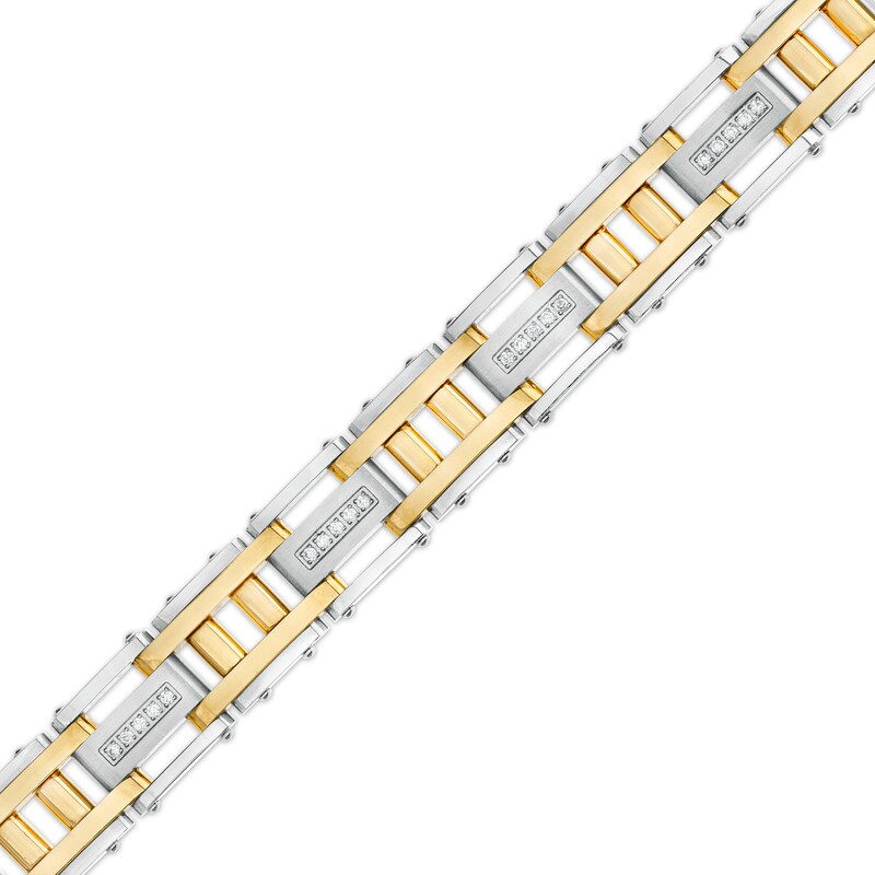 Men's 1/2 CT. T.W. Diamond Double Column Brushed Link Bracelet in Stainless Steel with Yellow Ion Plate – 8.62"