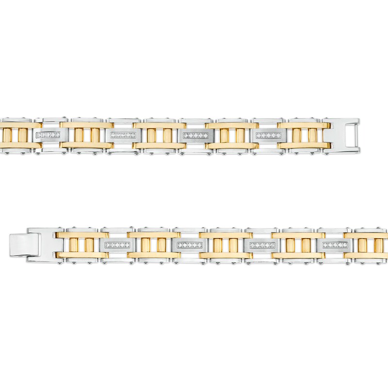 Main Image 3 of 1/2 CT. T.W. Diamond Double Column Brushed Link Bracelet in Stainless Steel with Yellow Ion Plate – 8.62"