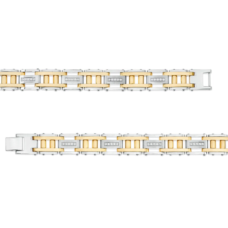 Men's 1/2 CT. T.W. Diamond Double Column Brushed Link Bracelet in Stainless Steel with Yellow Ion Plate – 8.62"