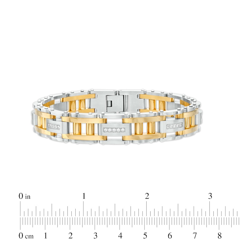 Men's 1/2 CT. T.W. Diamond Double Column Brushed Link Bracelet in Stainless Steel with Yellow Ion Plate – 8.62"