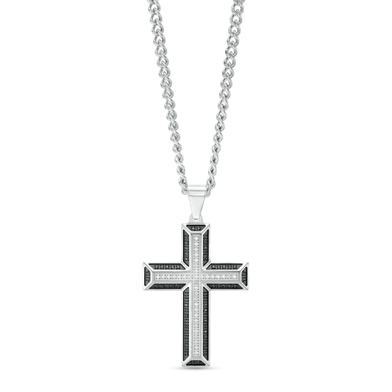 Men's 1/2 CT. T.w. Black and White Diamond Frame Cross Pendant in Stainless Steel with Black Ion Plate – 24"