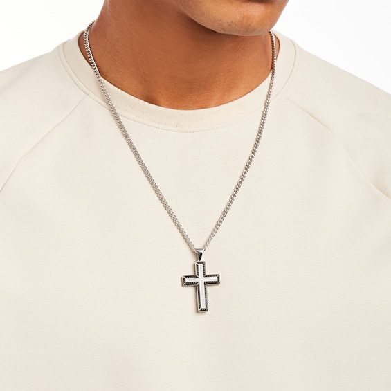 Men's 1/2 CT. T.w. Black and White Diamond Frame Cross Pendant in Stainless Steel with Black Ion Plate – 24"