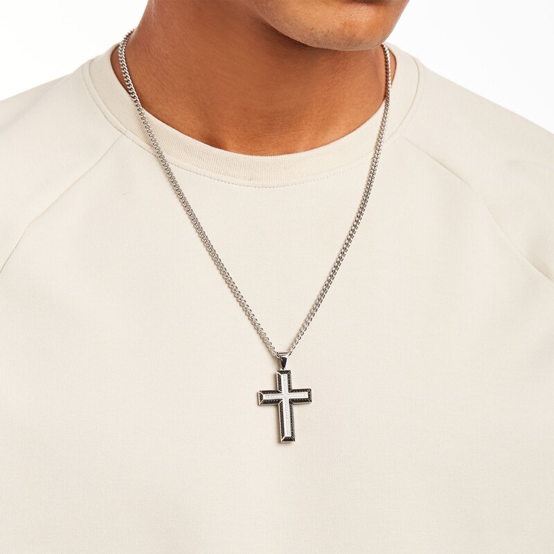 Main Image 2 of Men's 1/2 CT. T.W. Black and White Diamond Frame Cross Pendant in Stainless Steel with Black Ion Plate – 24&quot;