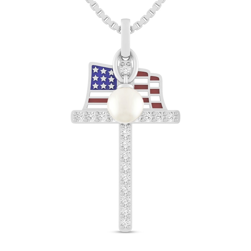 Main Image 1 of 5.0mm Natural Freshwater Pearl Charm and White Lab-Created Sapphire USA Enamel Flag Cross Pendant in Sterling Silver