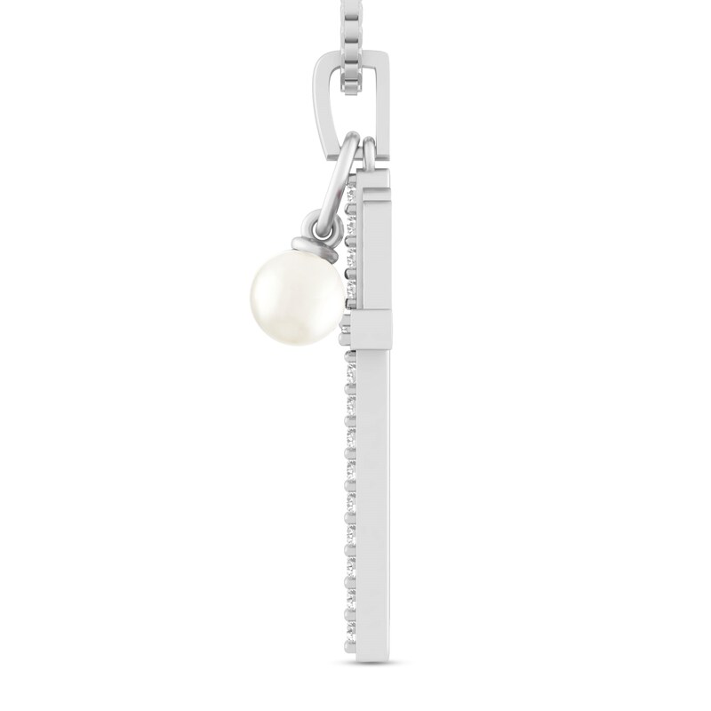 Main Image 2 of 5.0mm Natural Freshwater Pearl Charm and White Lab-Created Sapphire USA Enamel Flag Cross Pendant in Sterling Silver