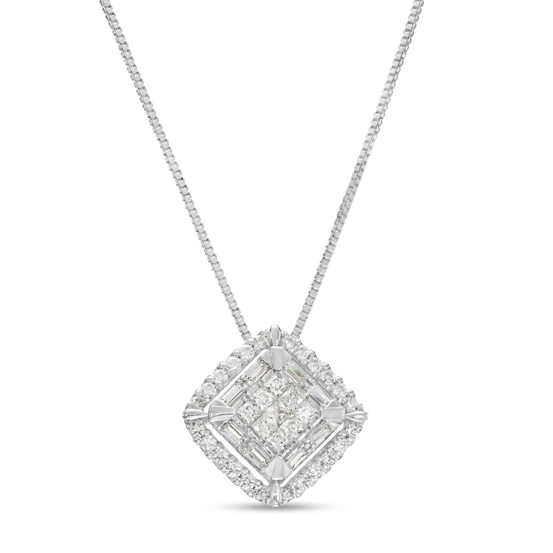 Main Image 1 of 1/2 CT. T.W. Cushion-Shaped Multi-Diamond Double Frame Tilted Pendant in 10K White Gold