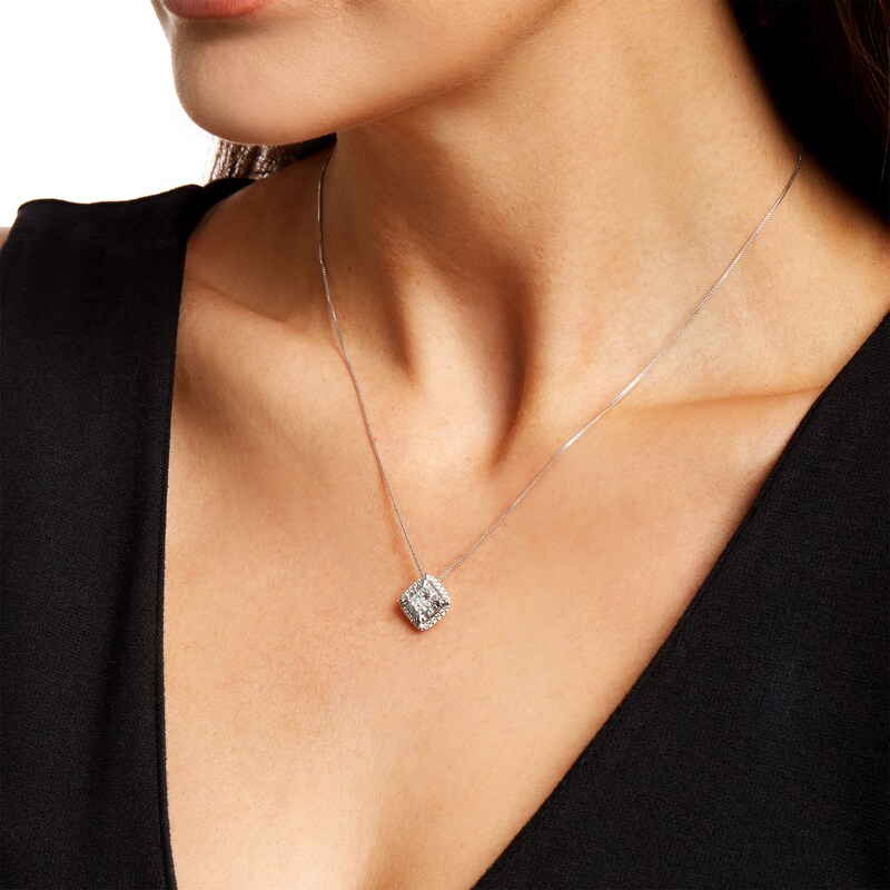 Main Image 2 of 1/2 CT. T.W. Cushion-Shaped Multi-Diamond Double Frame Tilted Pendant in 10K White Gold