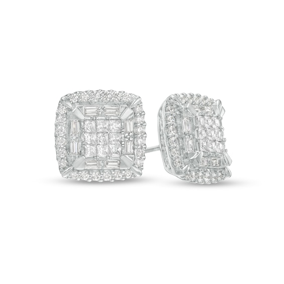 1 CT. T.w. Cushion-Shaped Multi-Diamond Double Frame Stud Earrings in 10K White Gold
