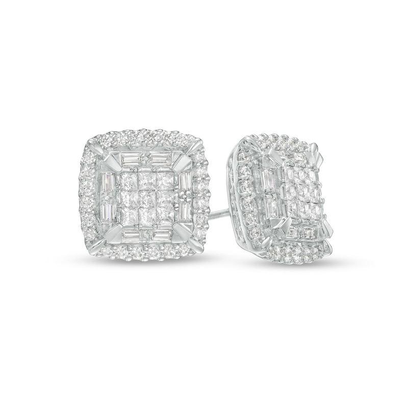 Main Image 1 of 1 CT. T.W. Cushion-Shaped Multi-Diamond Double Frame Stud Earrings in 10K White Gold