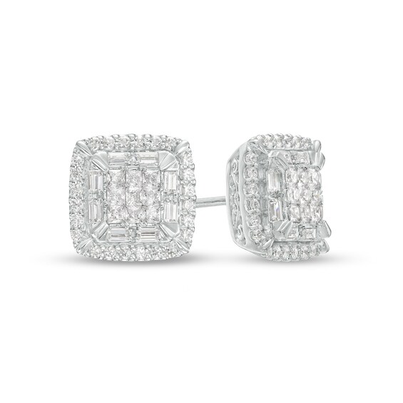 1/2 CT. T.w. Cushion-Shaped Multi-Diamond Double Frame Stud Earrings in 10K White Gold