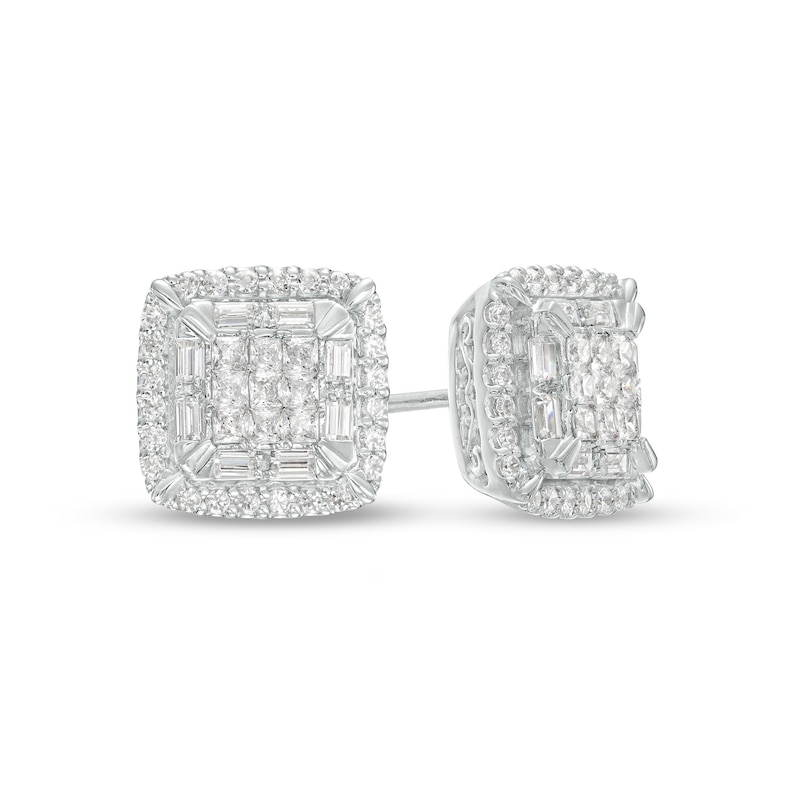 Main Image 1 of 1/2 CT. T.W. Cushion-Shaped Multi-Diamond Double Frame Stud Earrings in 10K White Gold