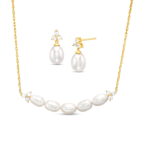 Baroque Cultured Freshwater Pearl and White Lab-Created Sapphire Three Piece Set in Sterling Silver with 18K Gold Plate