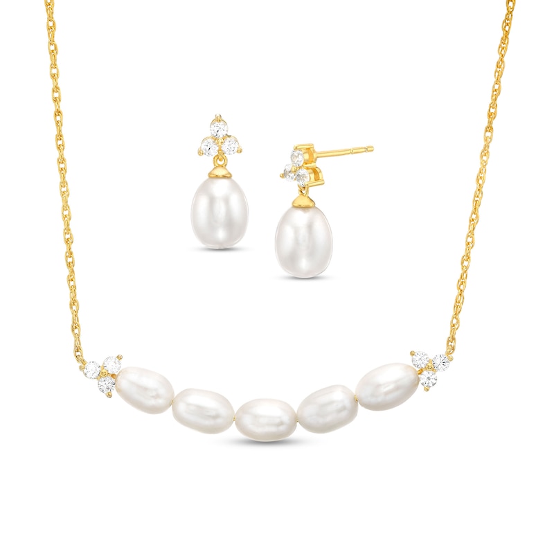 Main Image 1 of Baroque Freshwater Cultured Pearl and White Lab-Created Sapphire Three Piece Set in Sterling Silver with 18K Gold Plate