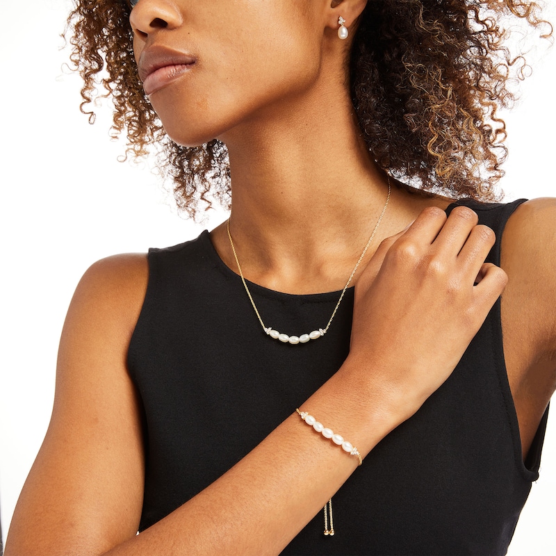 Main Image 2 of Baroque Freshwater Cultured Pearl and White Lab-Created Sapphire Three Piece Set in Sterling Silver with 18K Gold Plate
