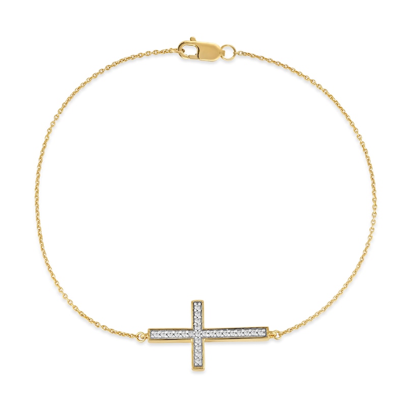 Main Image 2 of 1/8 CT. T.W. Diamond Sideways Cross Bracelet in 10K Gold - 7.25"