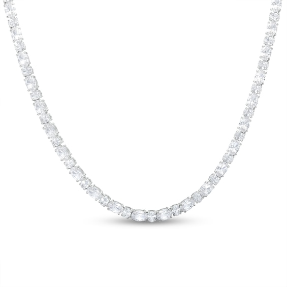 Oval White Lab-Created Sapphire Alternating Line Necklace in Sterling Silver