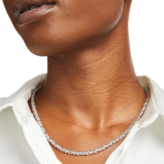 Oval White Lab-Created Sapphire Alternating Line Necklace in Sterling Silver
