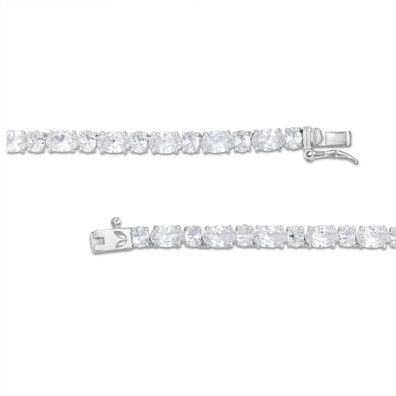 Oval White Lab-Created Sapphire Alternating Line Necklace in Sterling Silver
