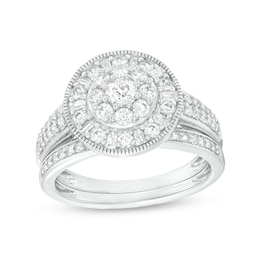 1 CT. T.W. Multi-Diamond Alternating Baguette and Round Frame Bridal Set in 10K White Gold