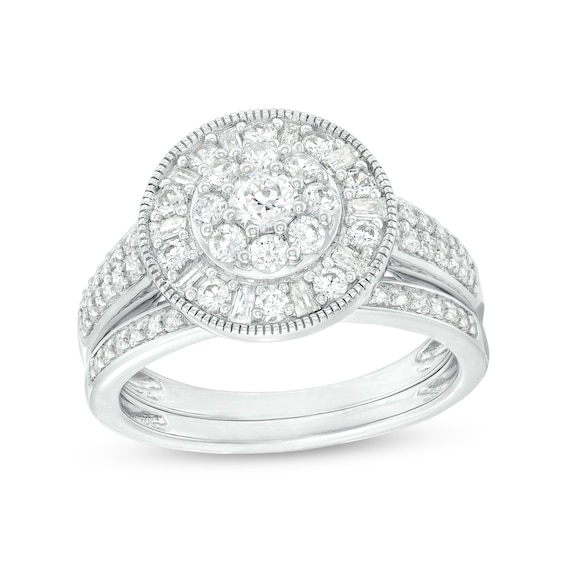 1 CT. T.w. Multi-Diamond Alternating Baguette and Round Frame Bridal Set in 10K White Gold