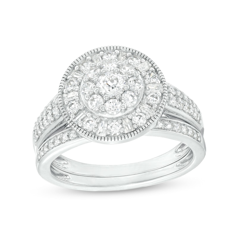 Main Image 1 of 1 CT. T.W. Multi-Diamond Alternating Baguette and Round Frame Bridal Set in 10K White Gold